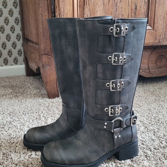 JustFab Dark Gray Combat Boots with Buckles - Picture 5 of 6